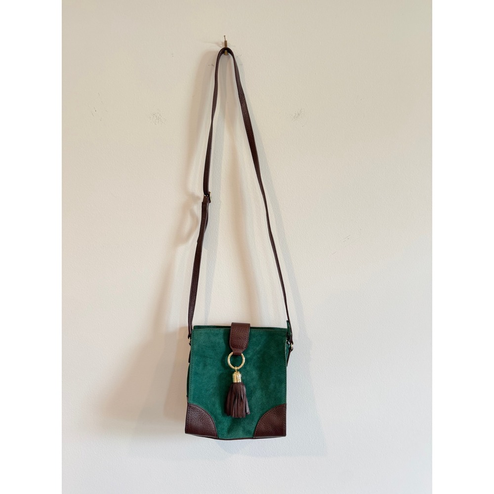 Talbots Green Suede Brown Leather Tassel Crossbody Bag Equestrian